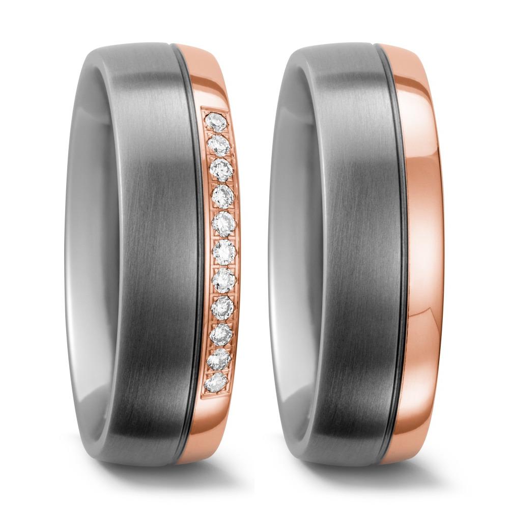 obrączka partnerska tytan, złoto czerwone 750/18 K Diament biały, 0.11 ct, 11 kamienie, w-si