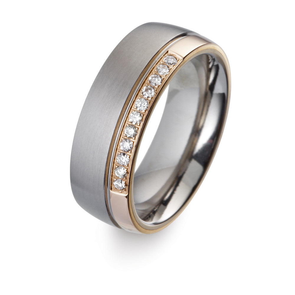 obrączka partnerska tytan, złoto czerwone 750/18 K Diament biały, 0.11 ct, 11 kamienie, w-si