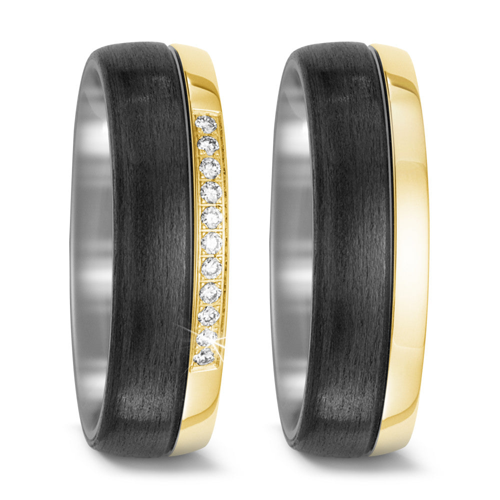 obrączka partnerska tytan, węgiel, złoto żółte 750/18 K Diament 0.11 ct, 11 kamienie, w-si