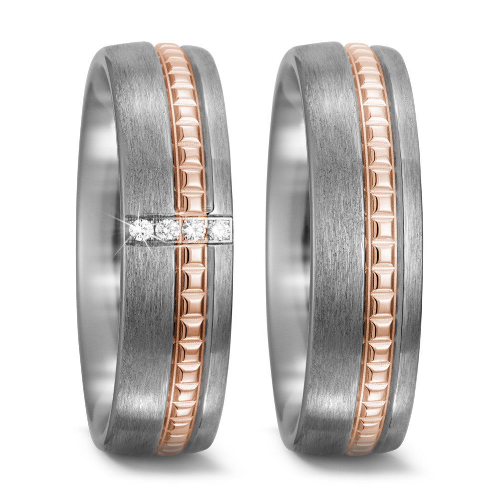 obrączka partnerska tytan, złoto czerwone 750/18 K Diament 0.04 ct, 4 kamienie, w-si