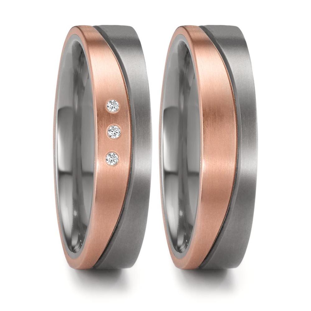 obrączka partnerska cyrkon, złoto czerwone 750/18 K Diament 0.03 ct, 3 kamienie, w-si